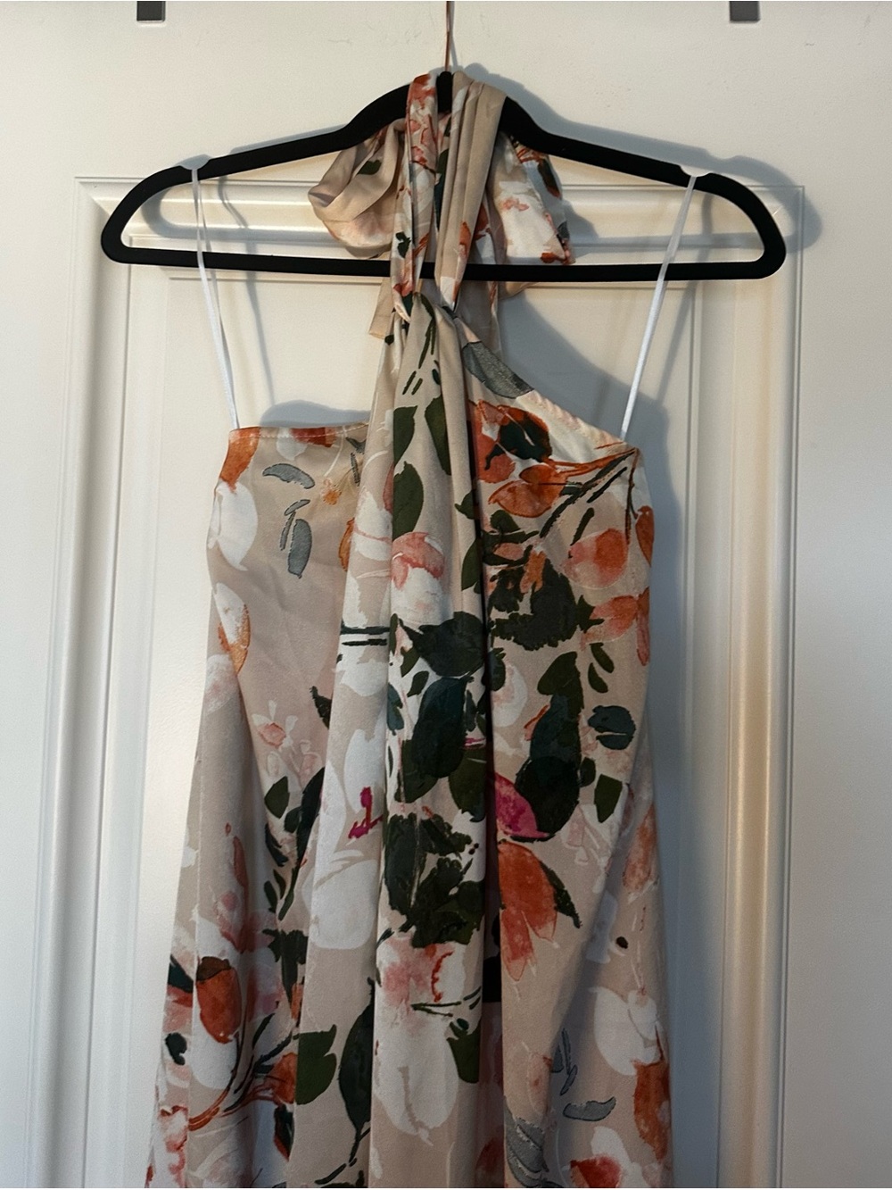 NWT Aakaa Beige Halter Maxi Dress with Olive and Orange Floral Print Medium - Picture 3 of 6